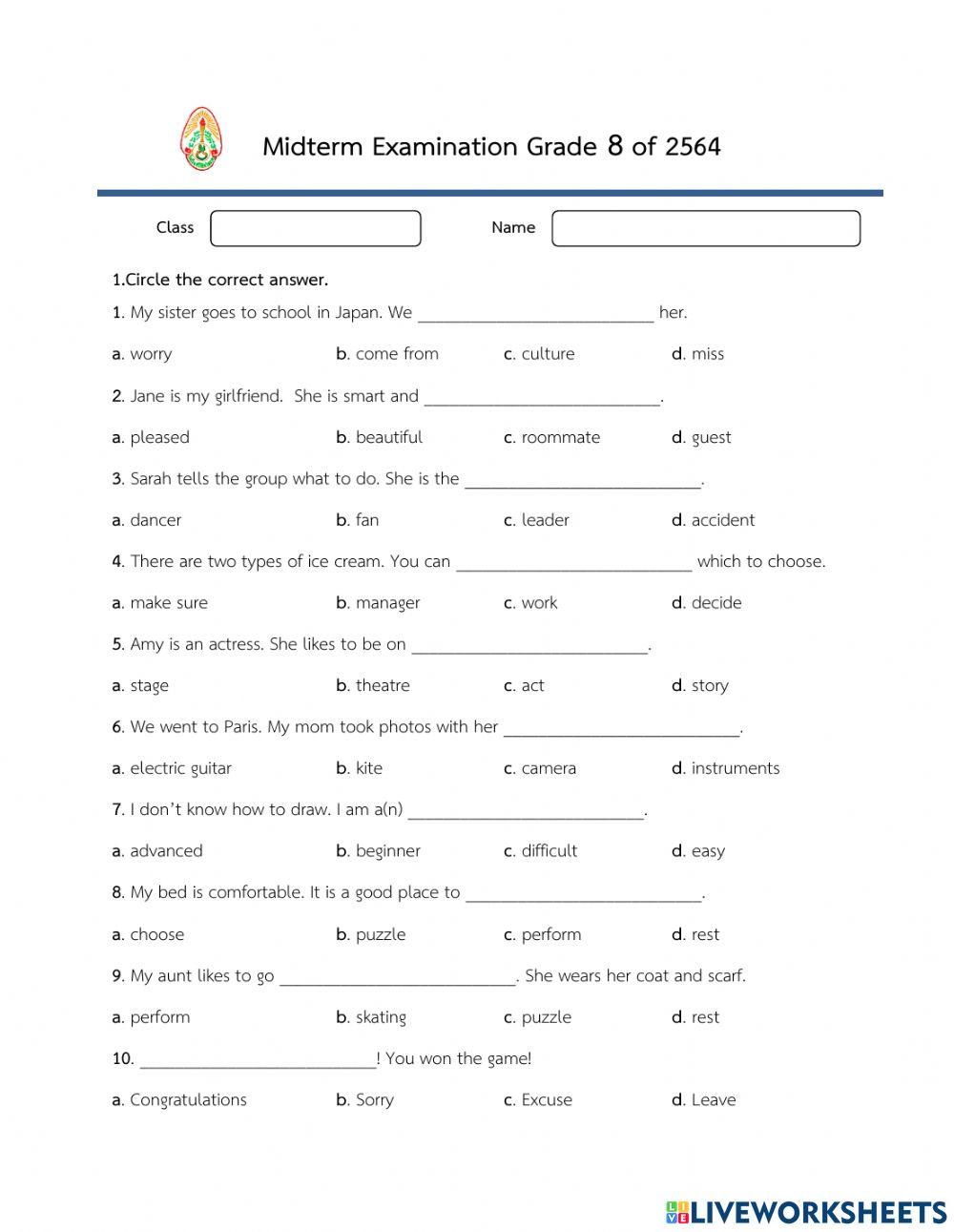 Midterm Examination Grade 8 of 2564