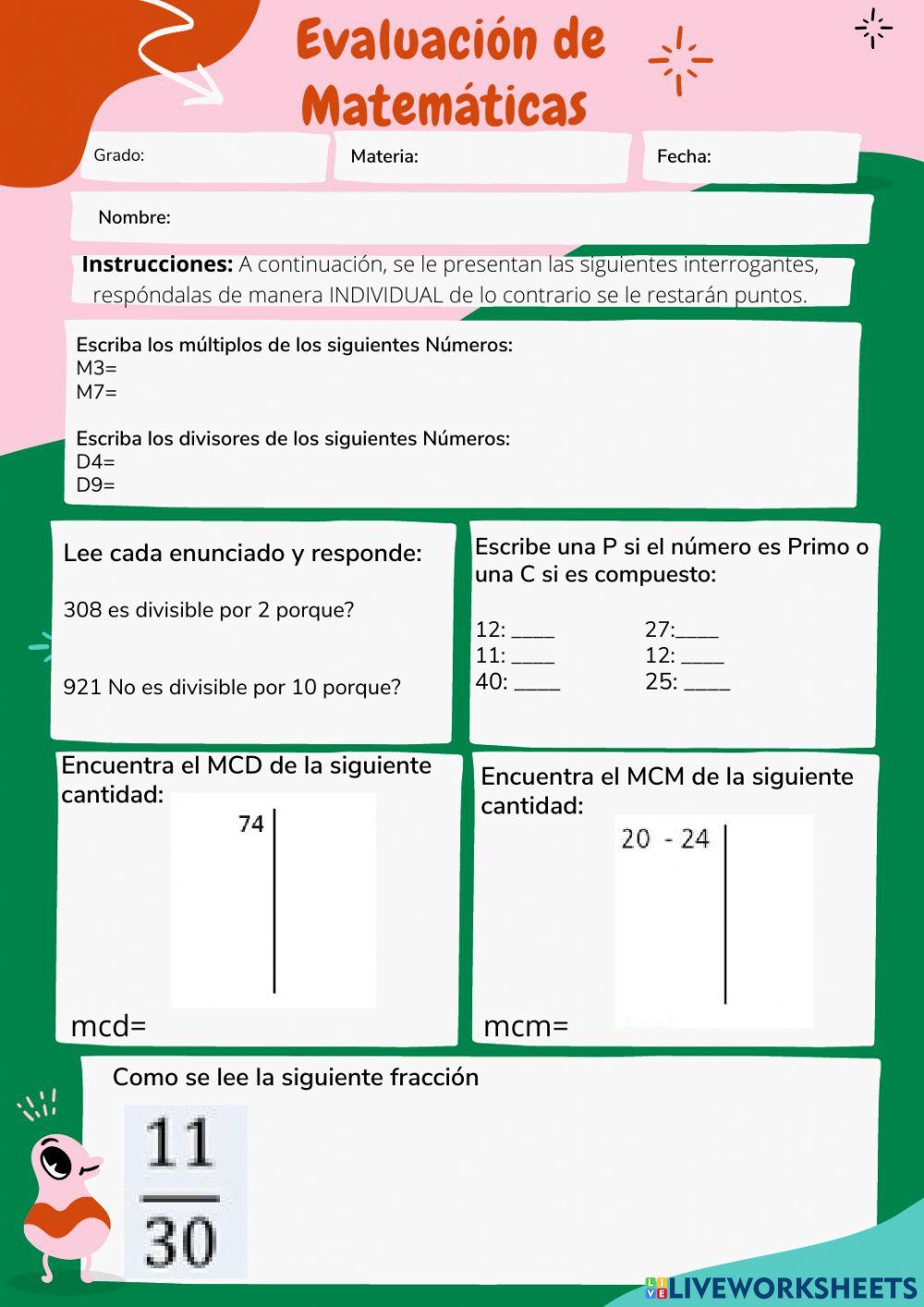 Evaluación matemáticas, Cuarto primaria