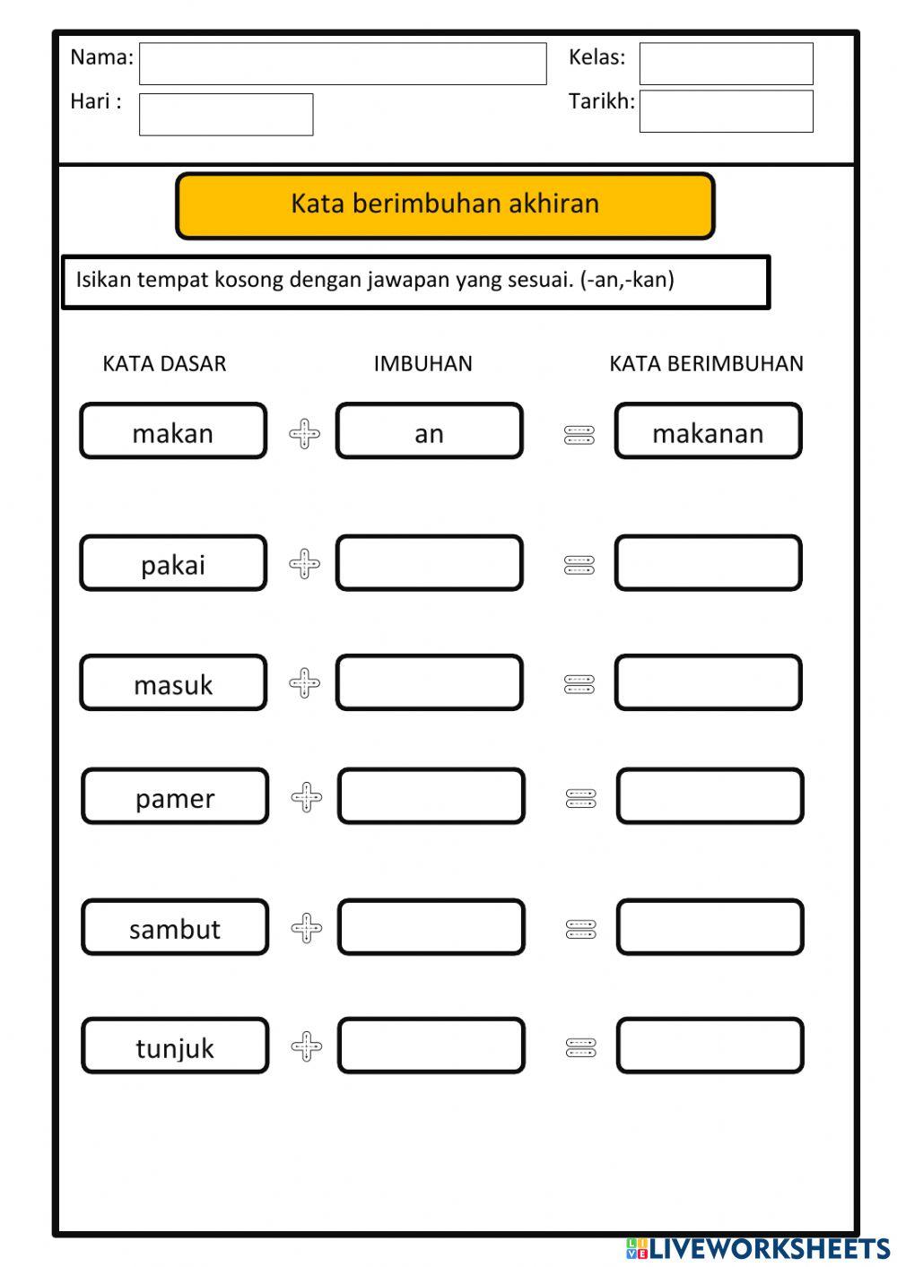 Imbuhan akhiran free worksheet | Live Worksheets