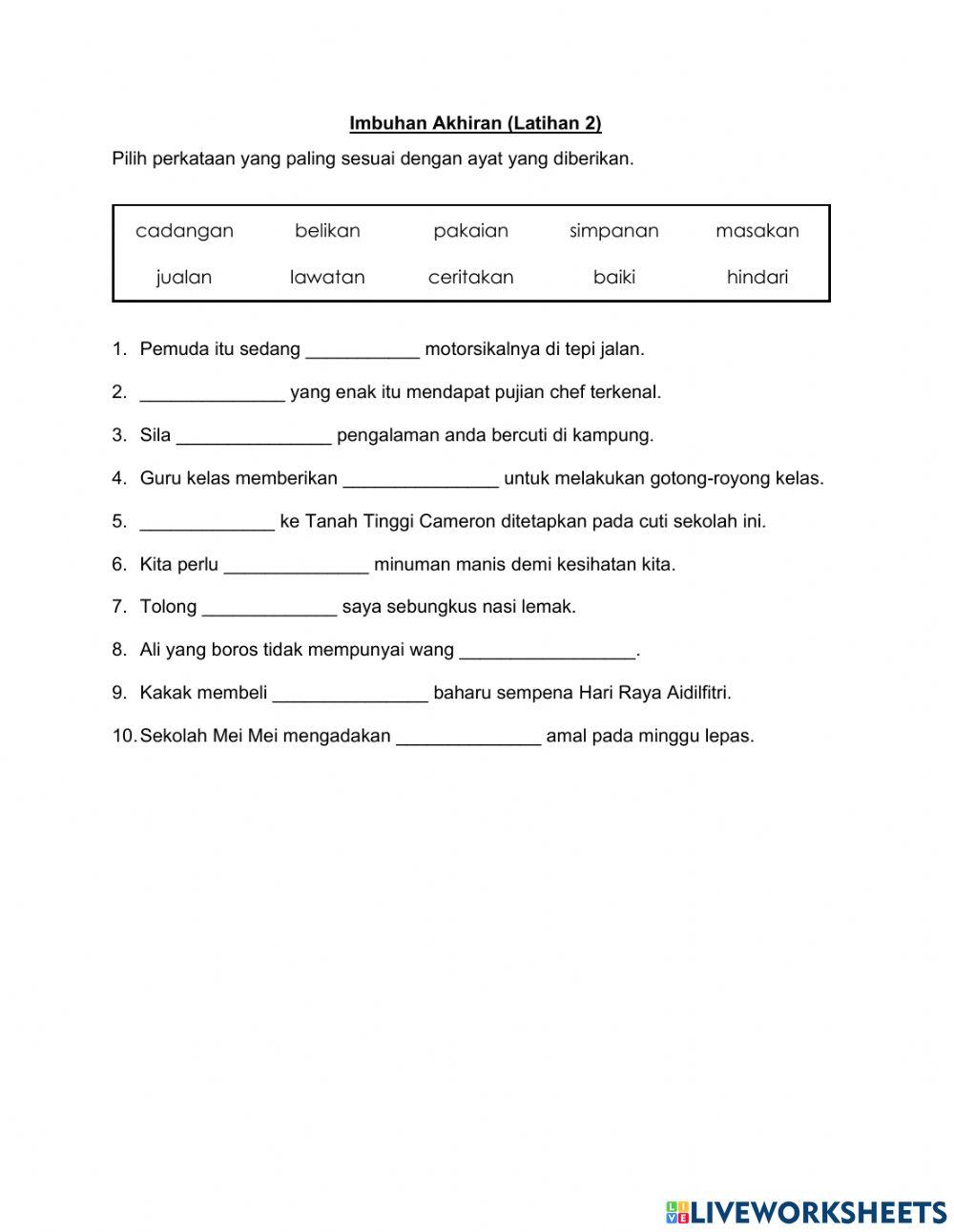 Imbuhan Akhiran free activity | Live Worksheets