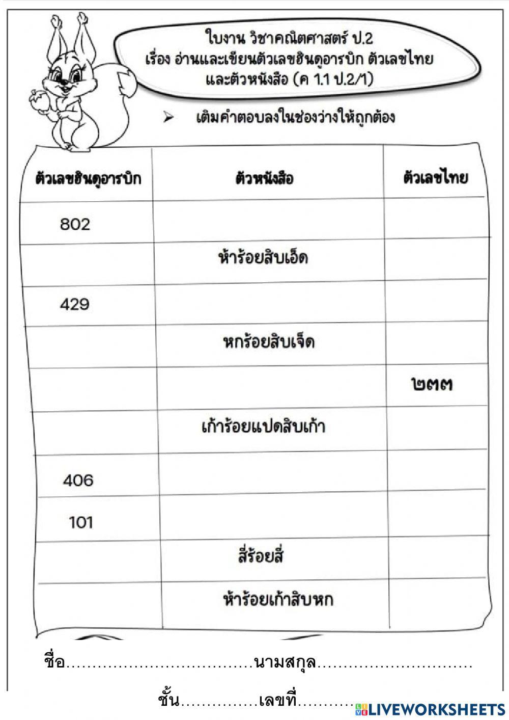 ใบงานคณิต ป.2 การเขียนเลขฮินดูอารบิก เลขไทย  และตัวหนังสือ
