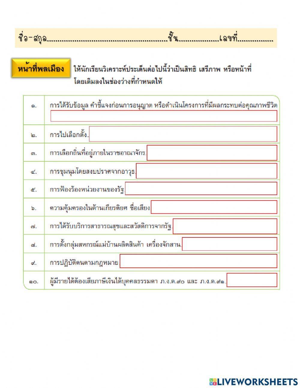 ใบงาน บทบาทและหน้าที่ของเยาวชนที่มีต่อสังคมและประเทศชาติ ม.1