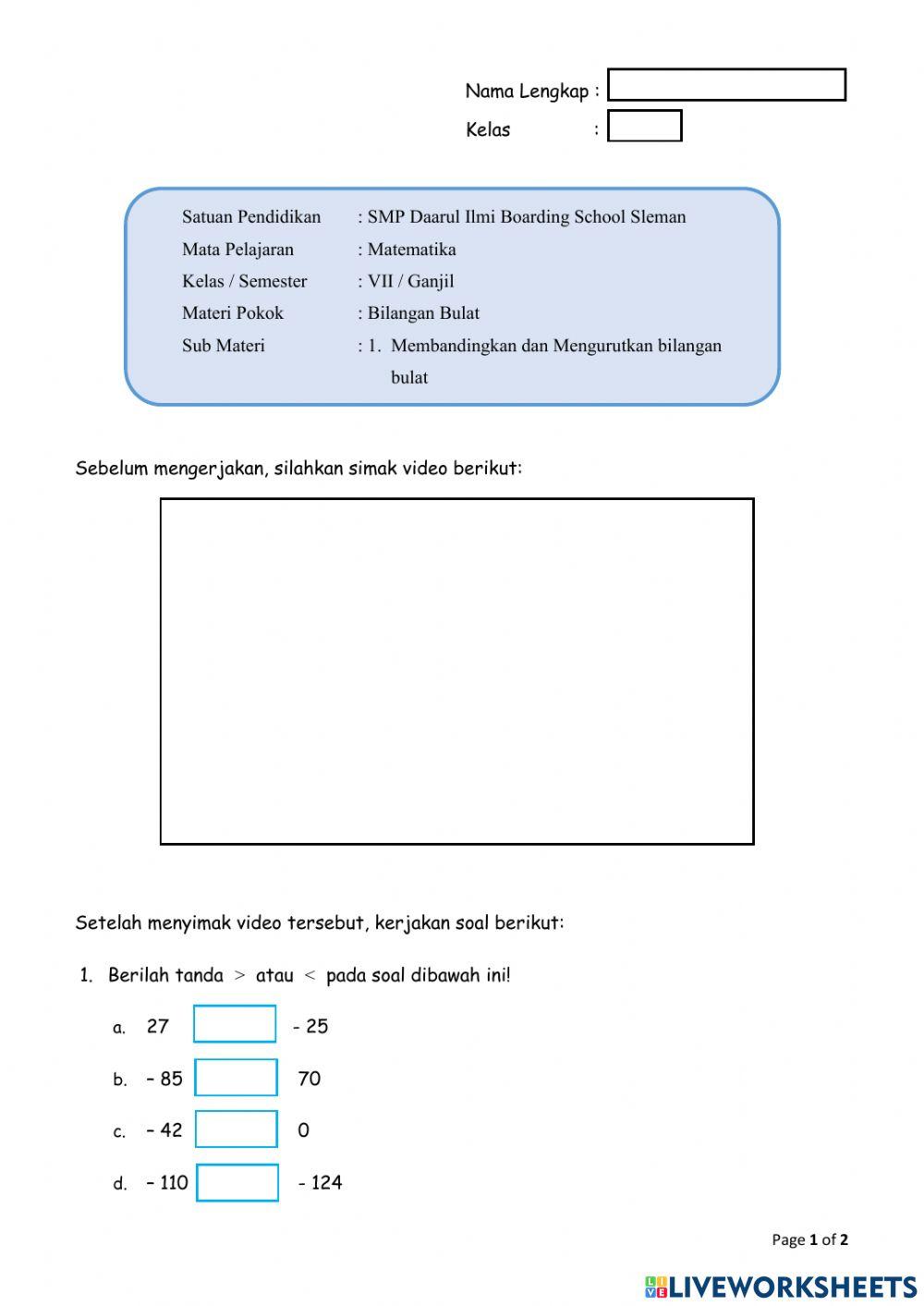 LKPD Bilangan Bulat: Membandingkan dan mengurutkan Bilangan Bulat