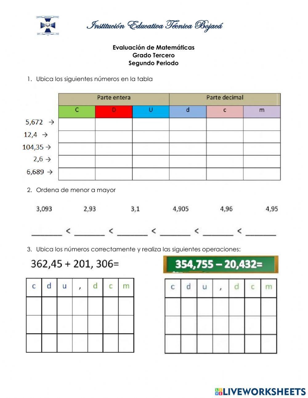 Evaluación números decimales