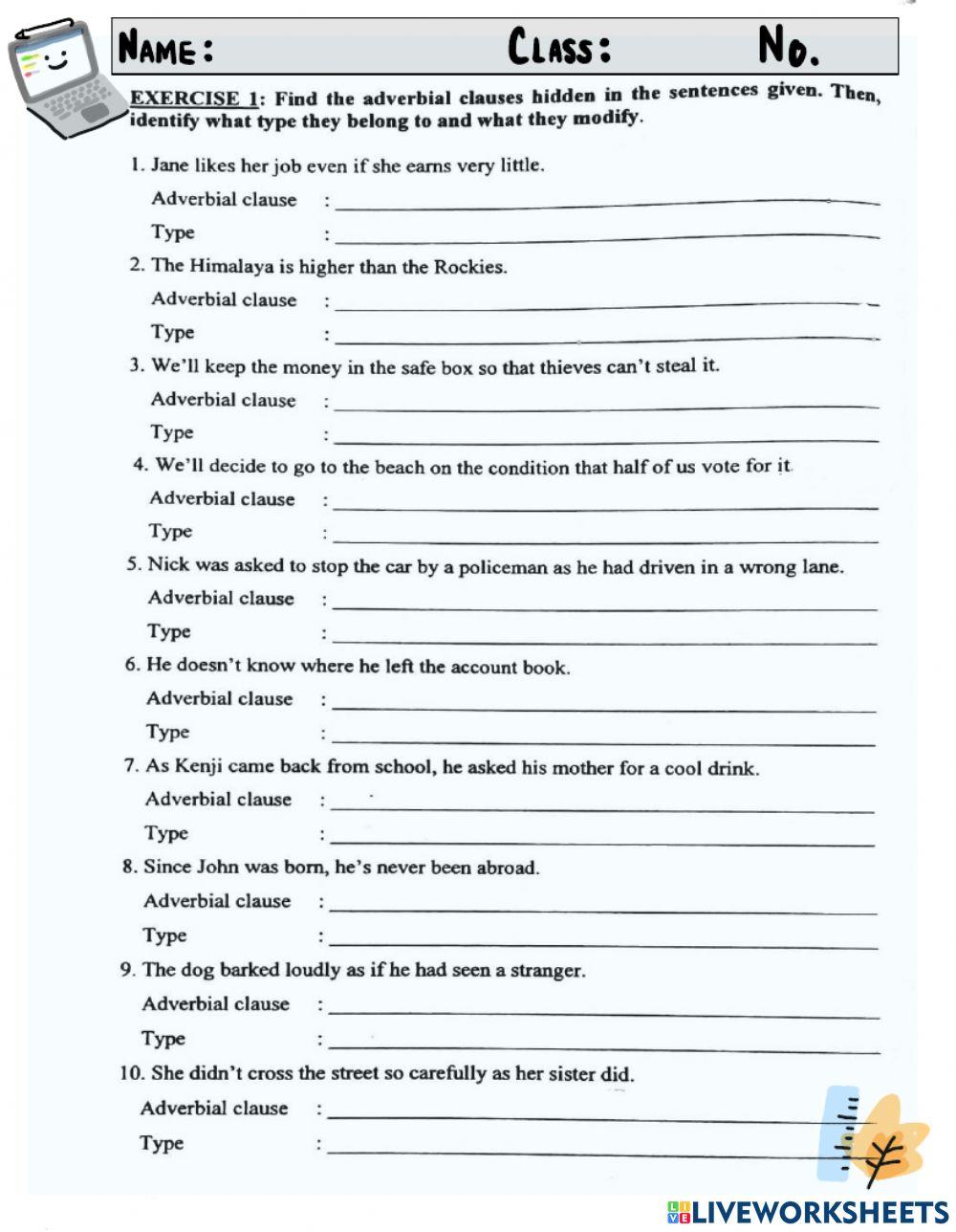 Adverbial Clause online exercise for Live Worksheets