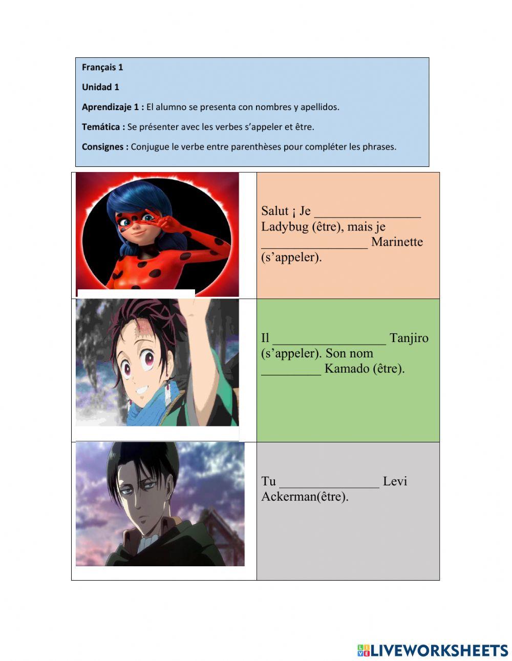 Verbes être et s'appeler