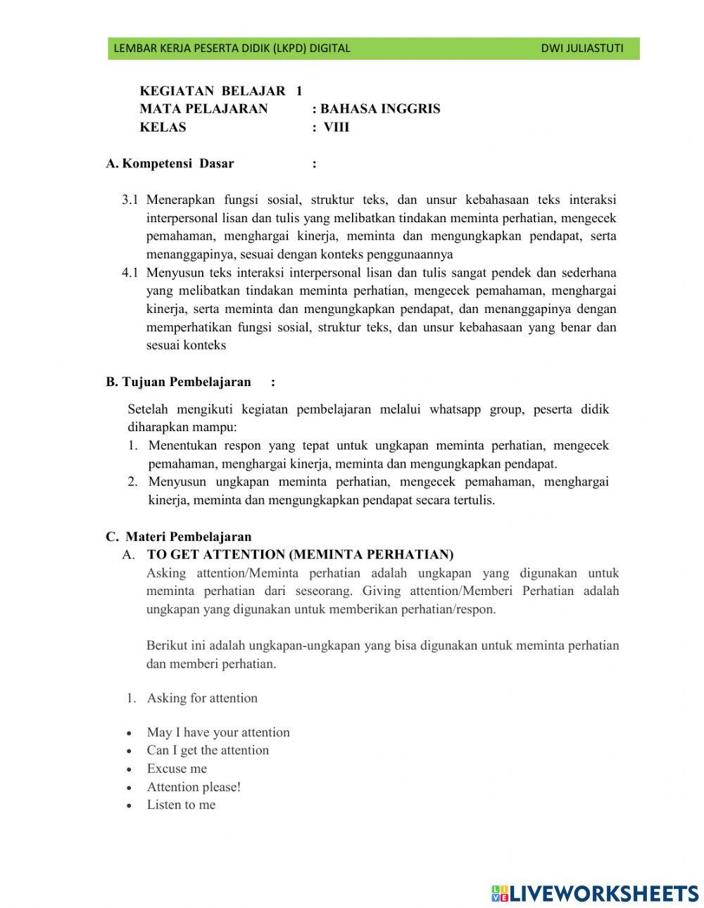 LKPD Bahasa Inggris Kelas 8