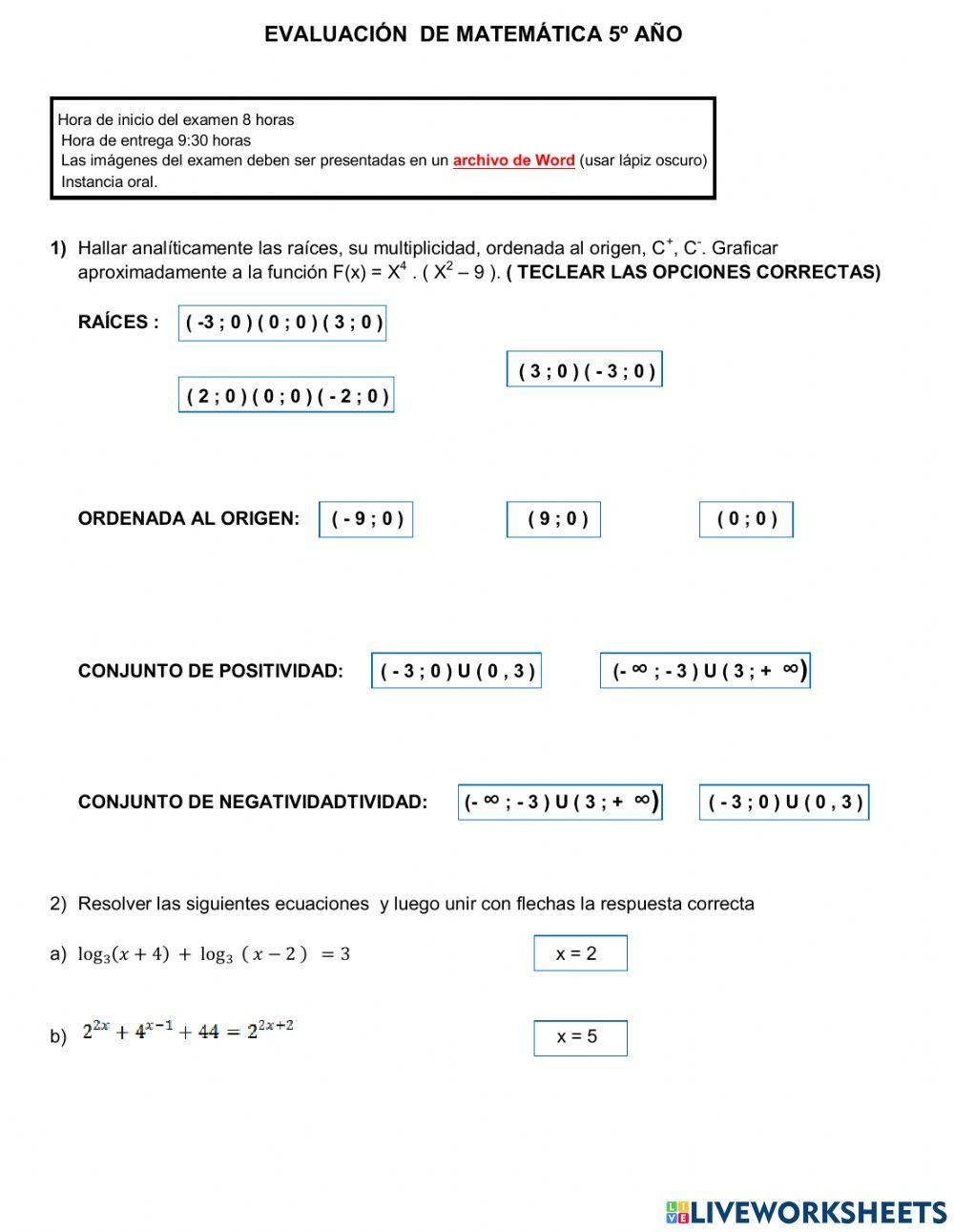 Examen matemática 5 año