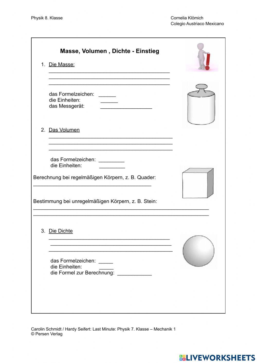 Masse Dichte Volumen Aufgaben Mit Lösungen Pdf Masse, Dichte und Volumen - AB 7.Klasse online exercise for | Live