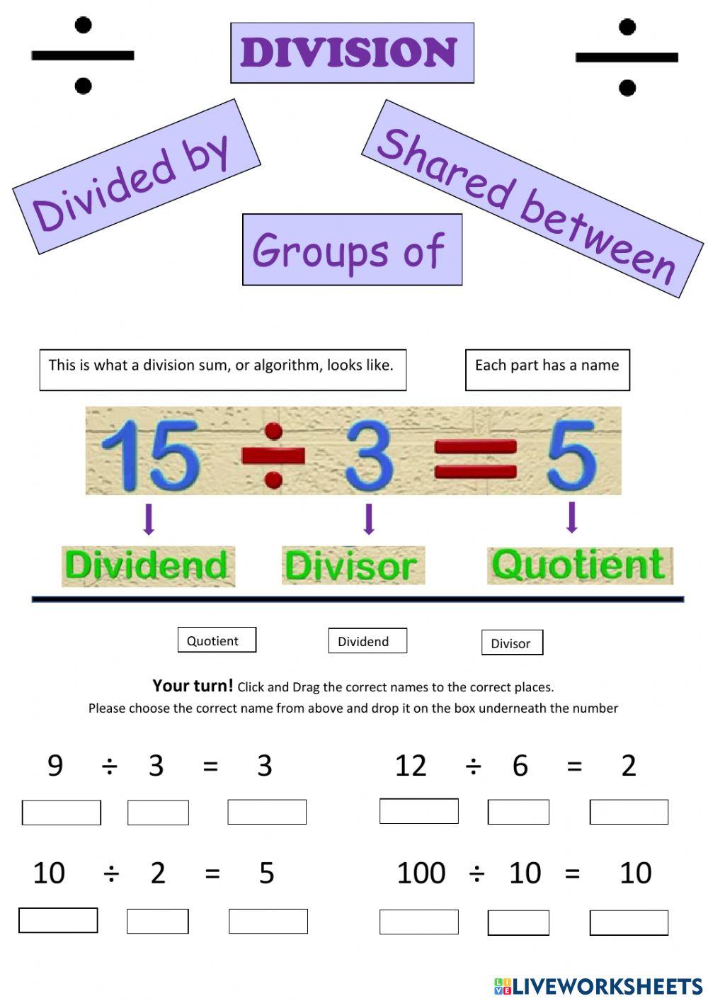 Division Intro to Terms online exercise for Live Worksheets