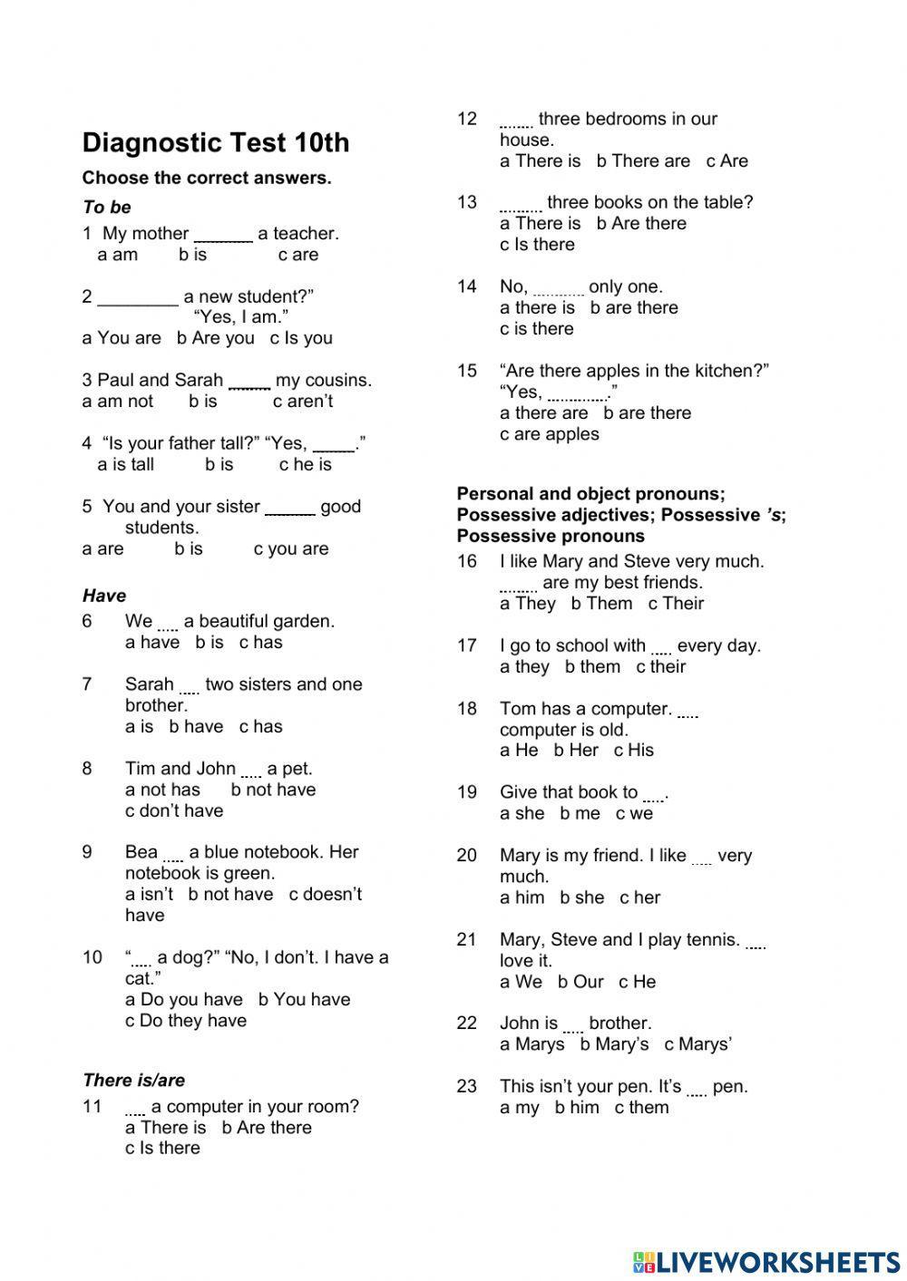 Diagnostic test 10th grade