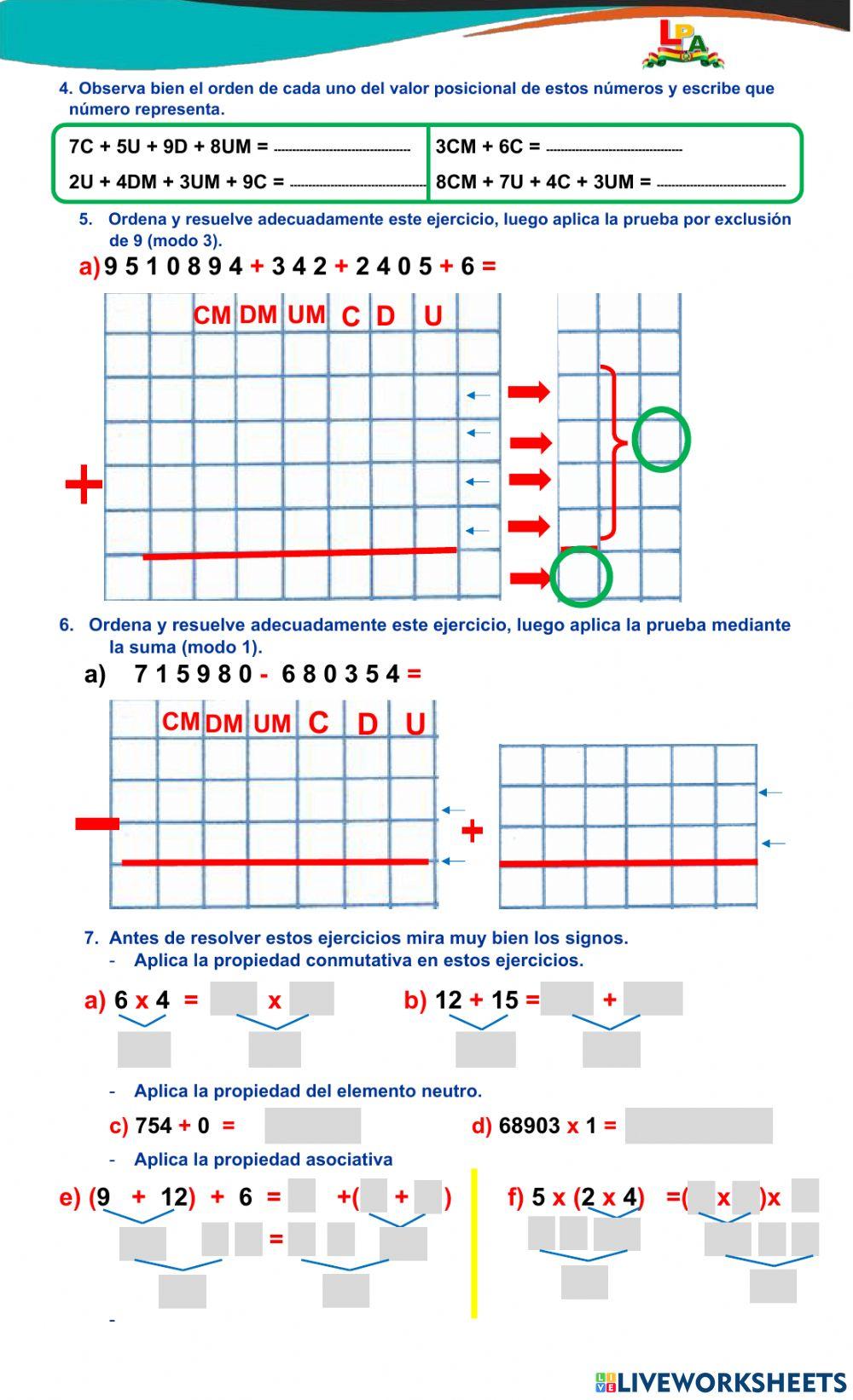Propiedades de la suma, multiplicación  valor posicional