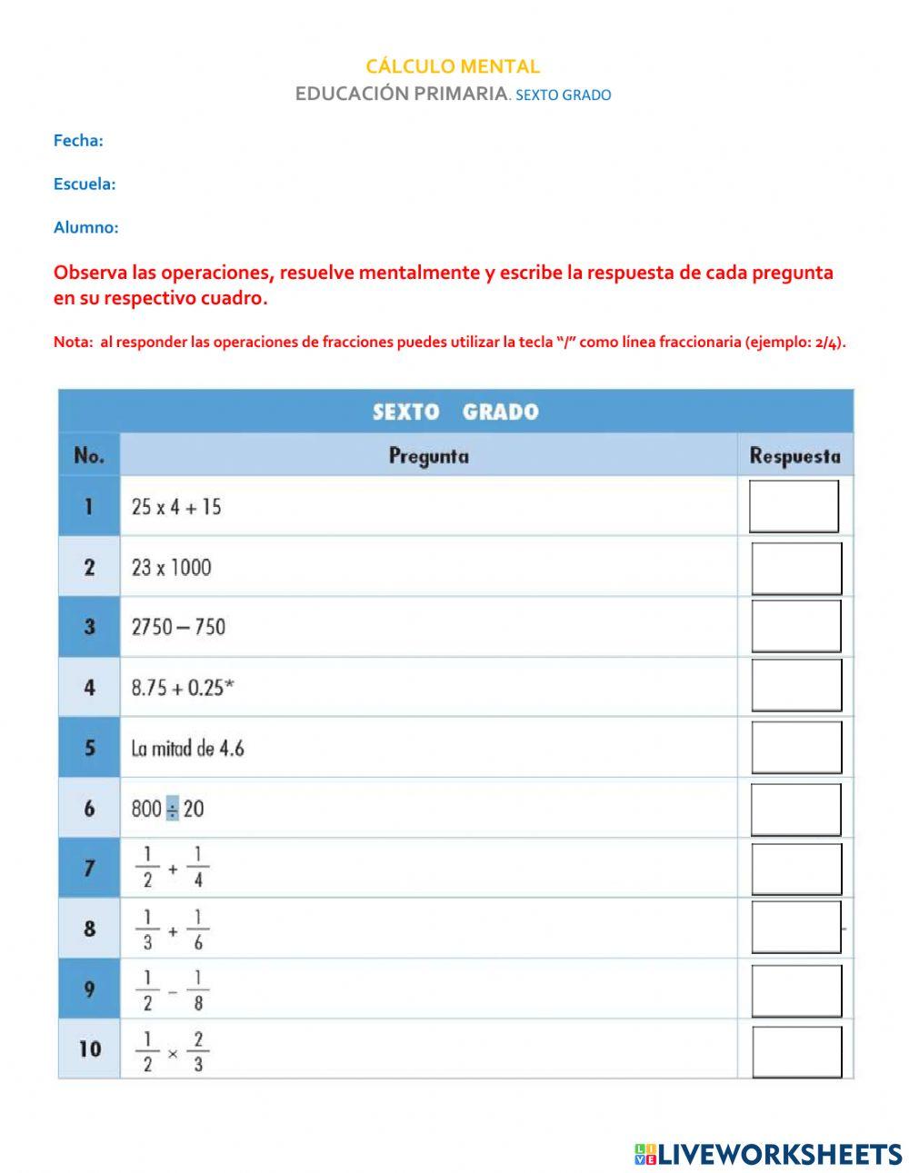 Calculo Mental 6° SisAT
