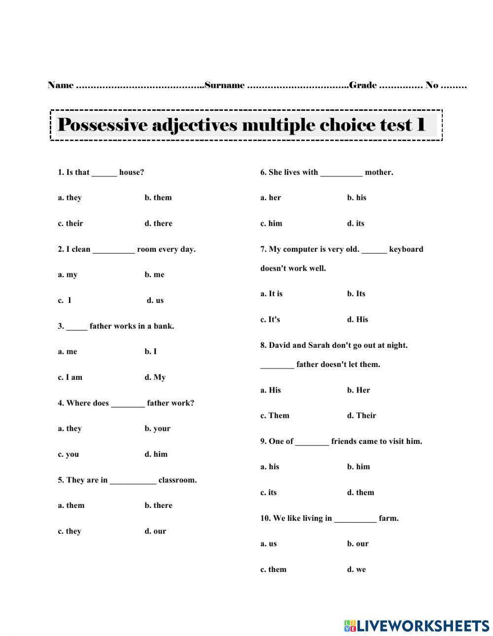 Possessive adjectives multiple choice test 1