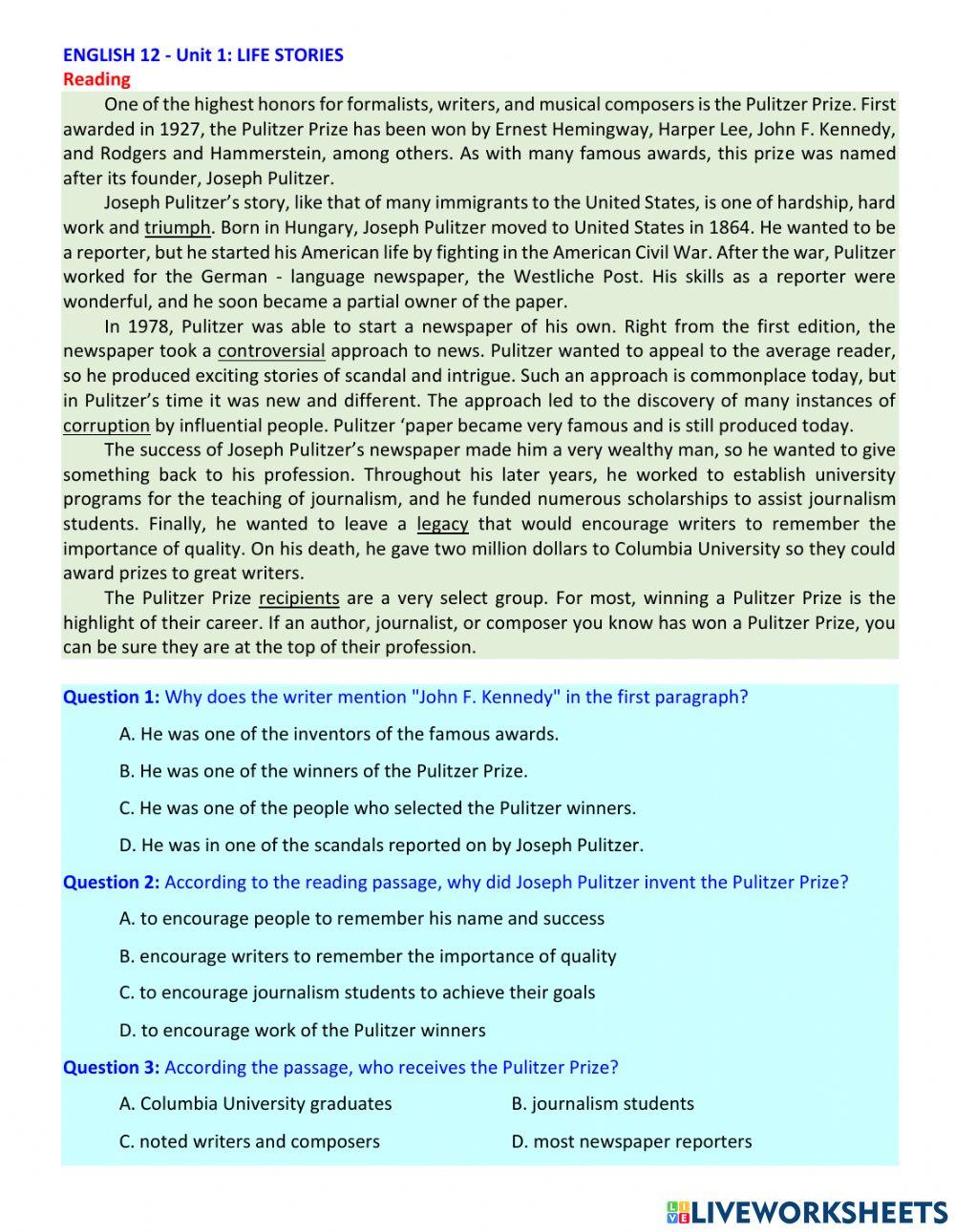 G12 - unit 1 - reading comprehension