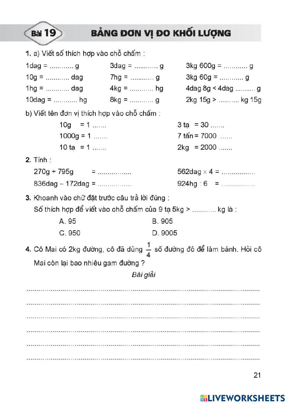 Bảng đơn vị đo khối lượng