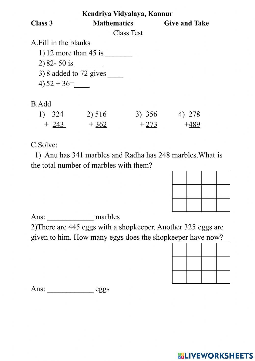 Mathematics online exercise for grade 3 | Live Worksheets