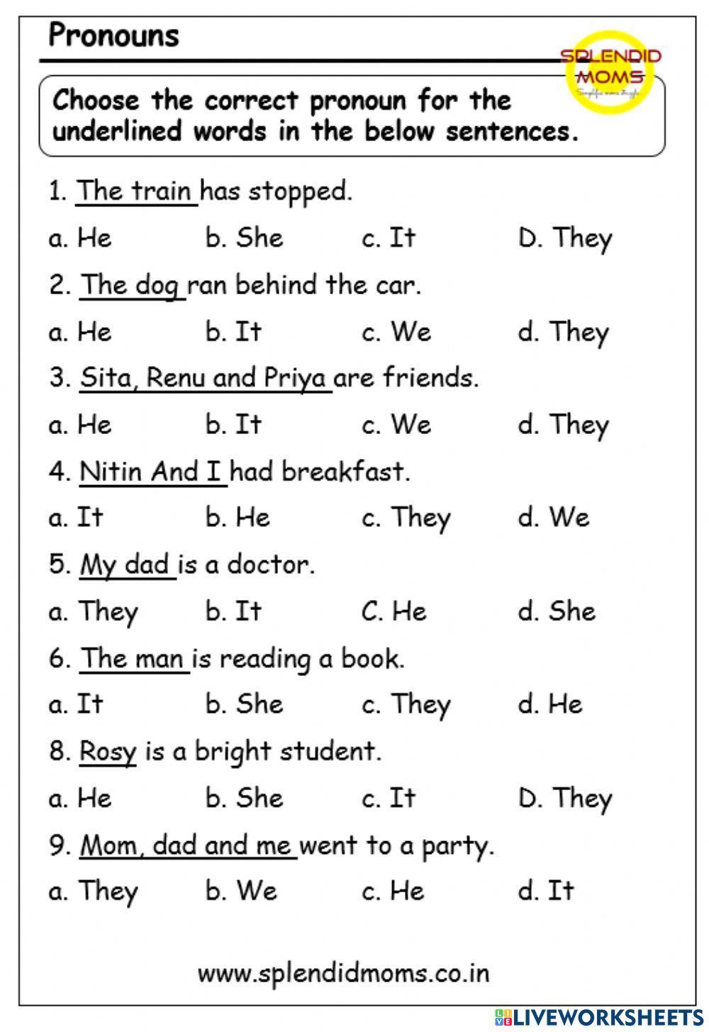 Worksheets Of Pronouns For Class 1