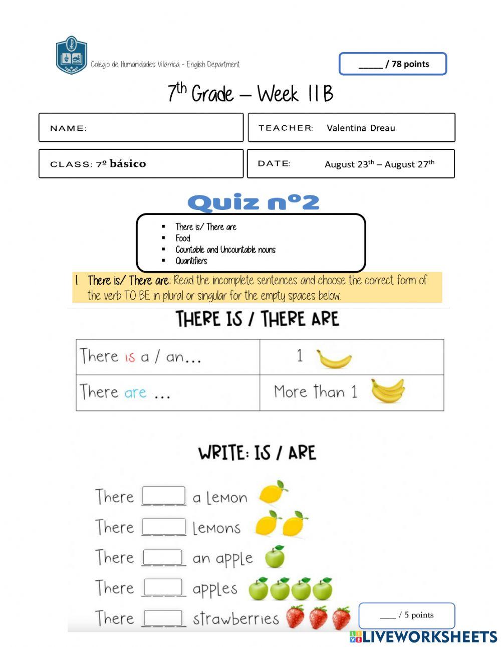 Quiz nº 2 - 7o básico - quantifiers