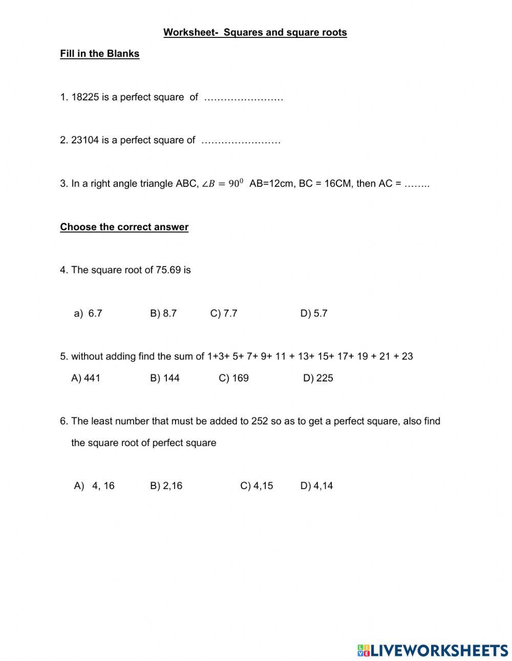 8 worksheet on sqaure and square roots online exercise for live