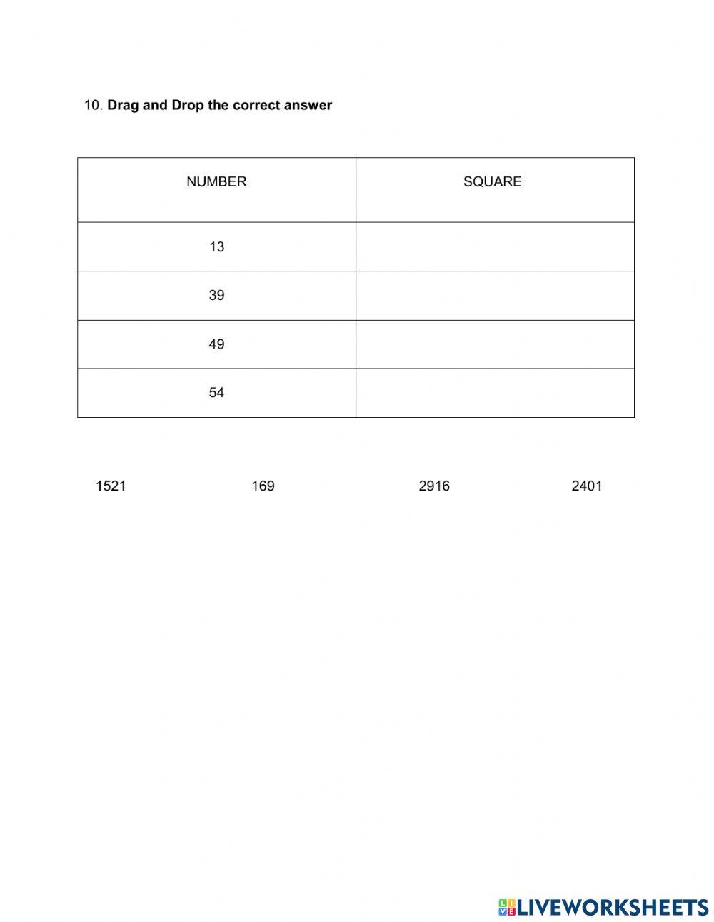 8 worksheet on sqaure and square roots online exercise for live