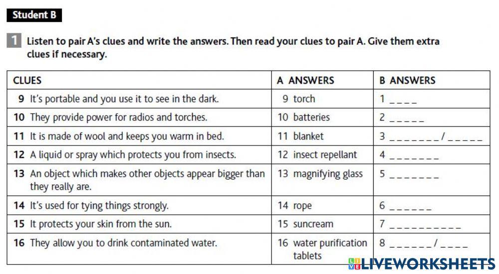 Vocabulary survival items B