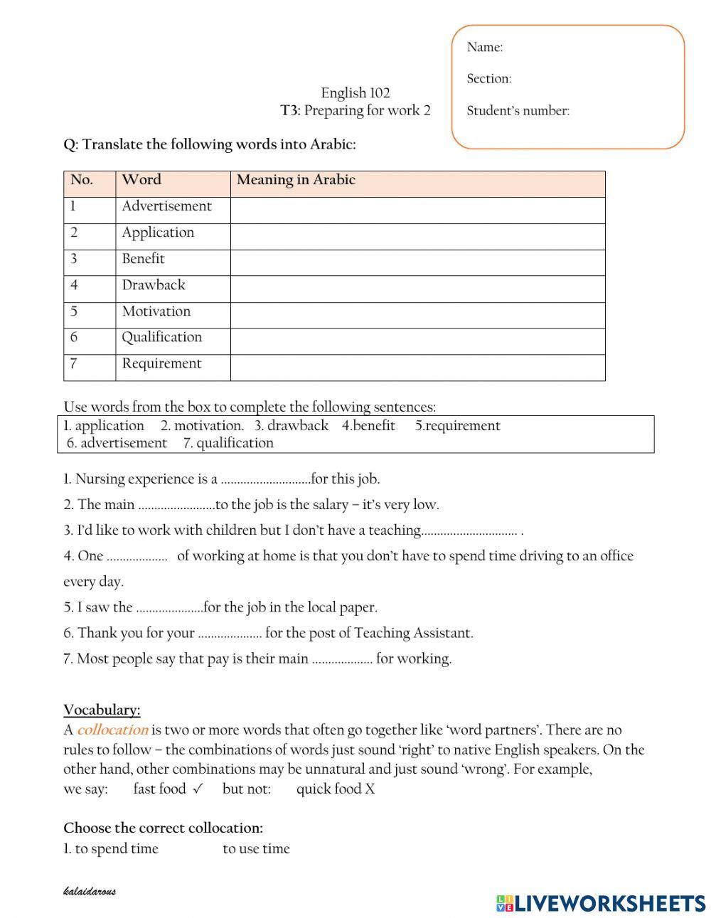 102 T3: preparing for work 2