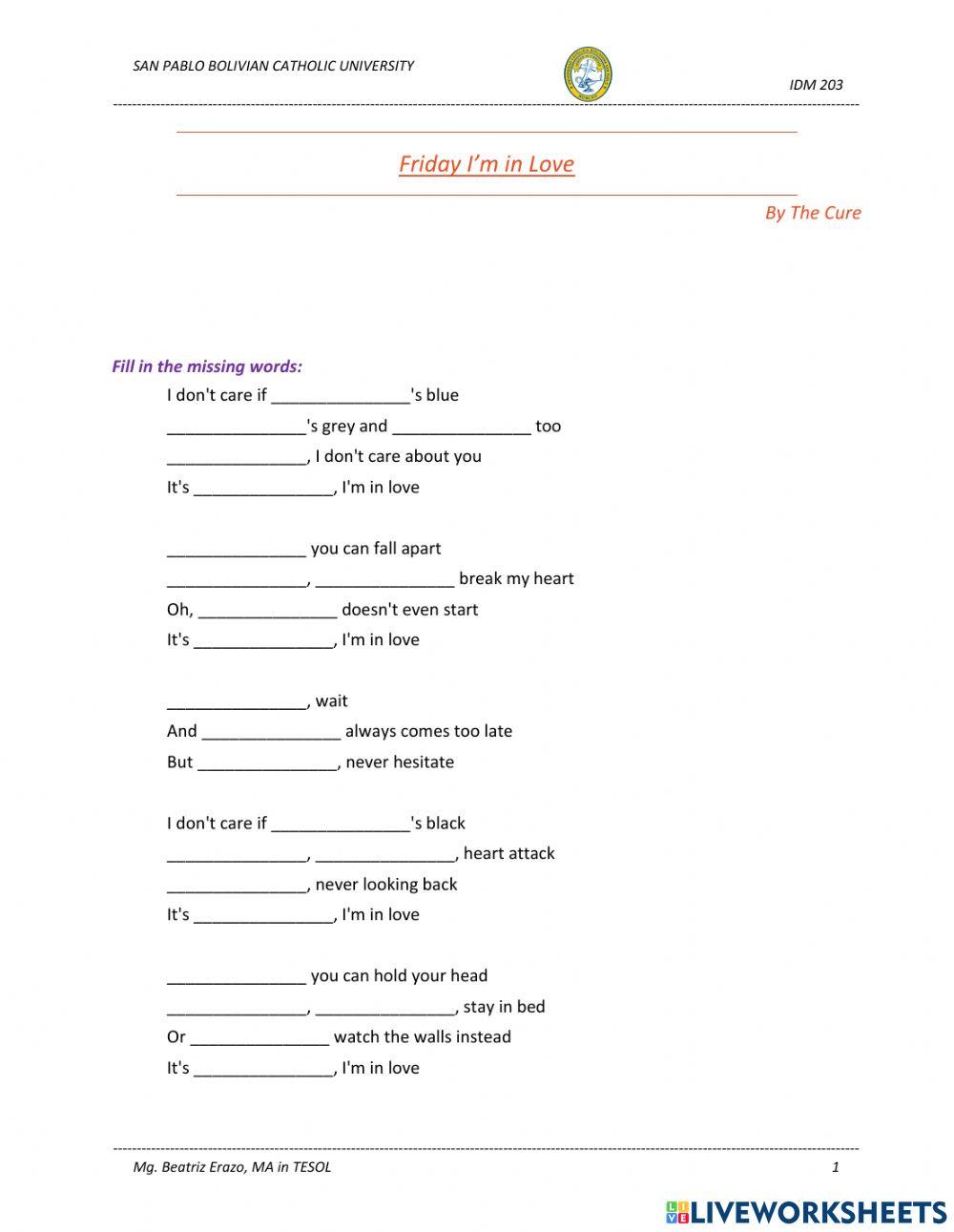 Song - Friday I'm in Love by The Cure