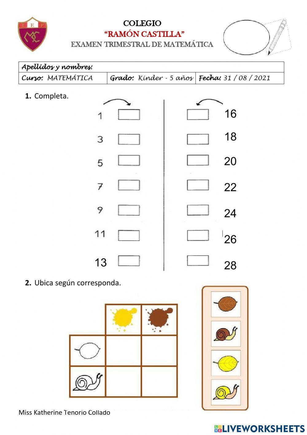 EXAMEN MATEMÁTICA KINDER - 2do Trimestre