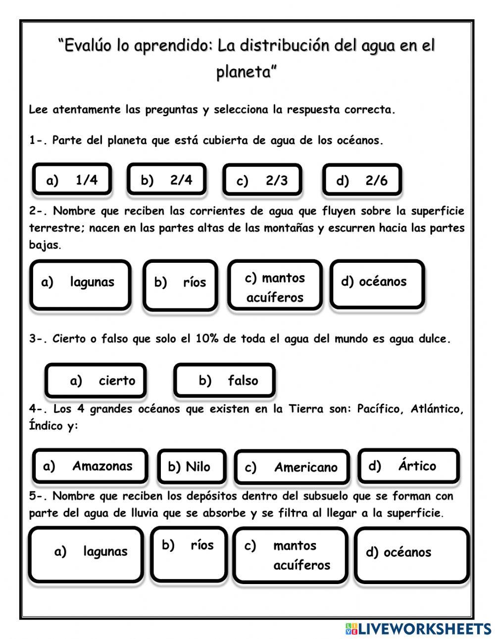 Evalúo lo aprendido: -La distribución del agua en el planeta-