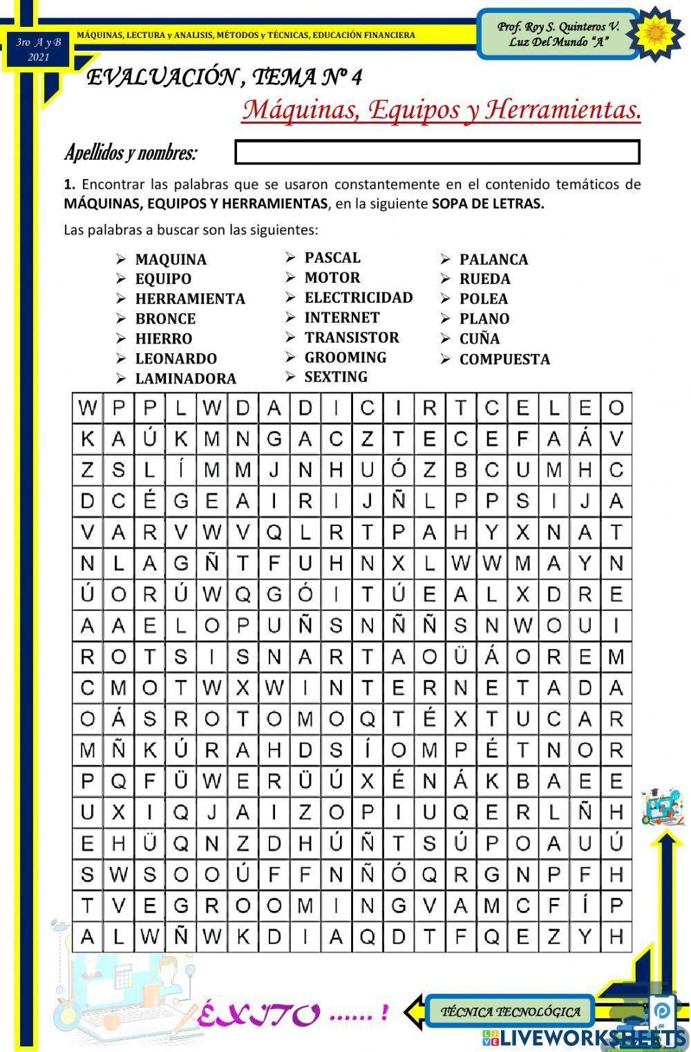SOPA DE LETRAS, Máquinas, Equipos y Herramientas.