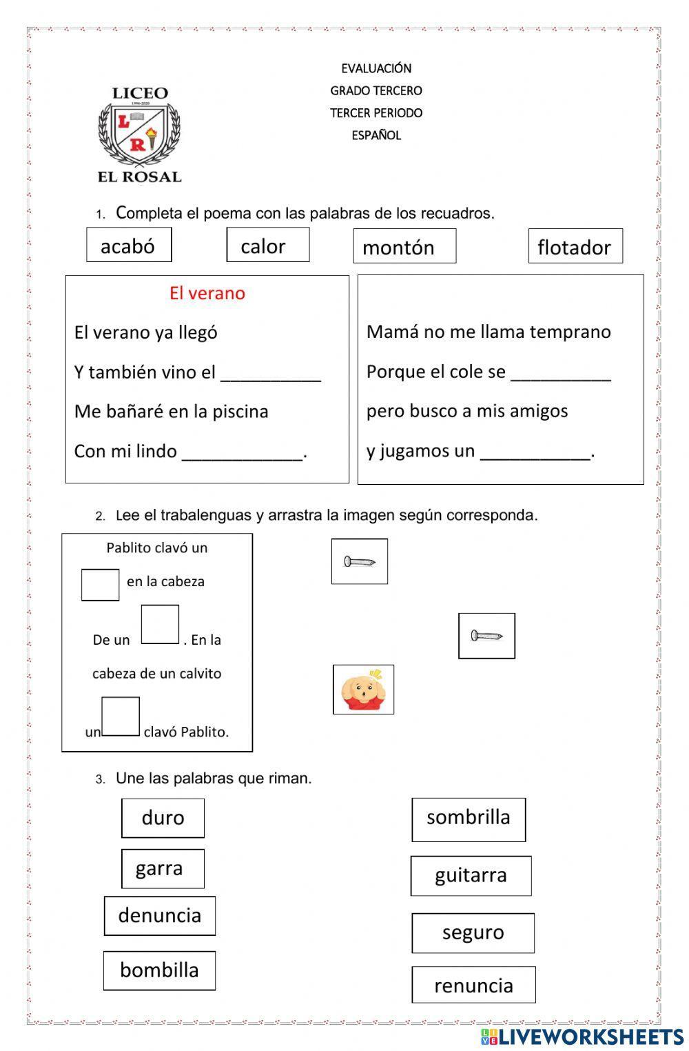 Evaluación de Español Grado 3
