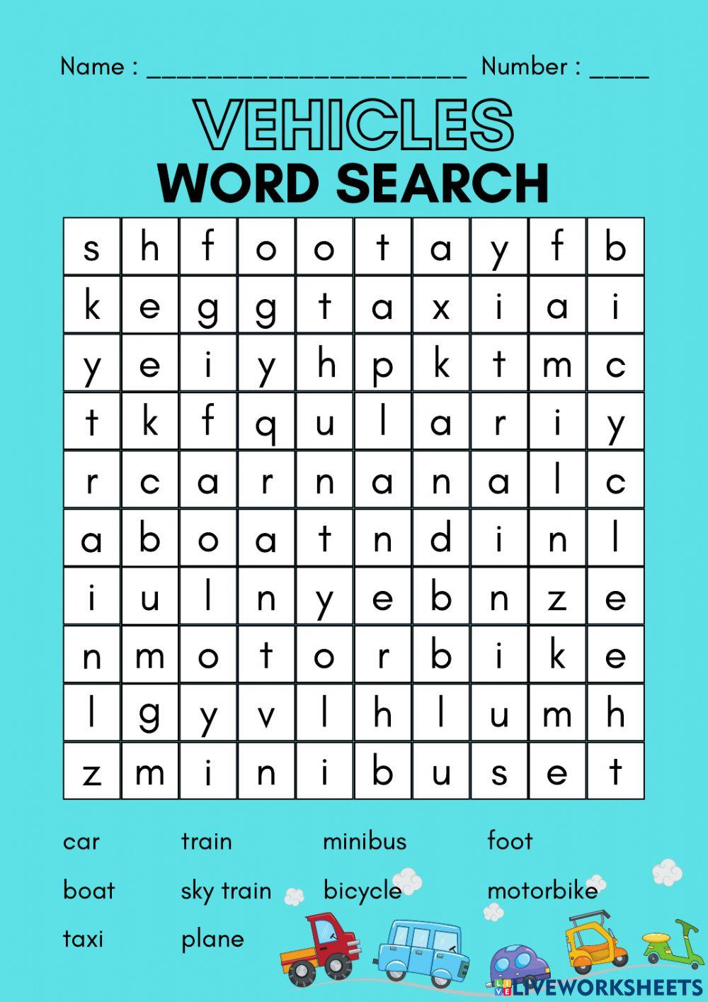 Vehicles word search 