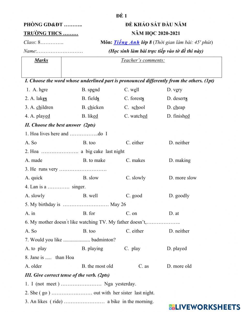 Đề thi khảo sát tiếng anh đầu vào lớp 8
