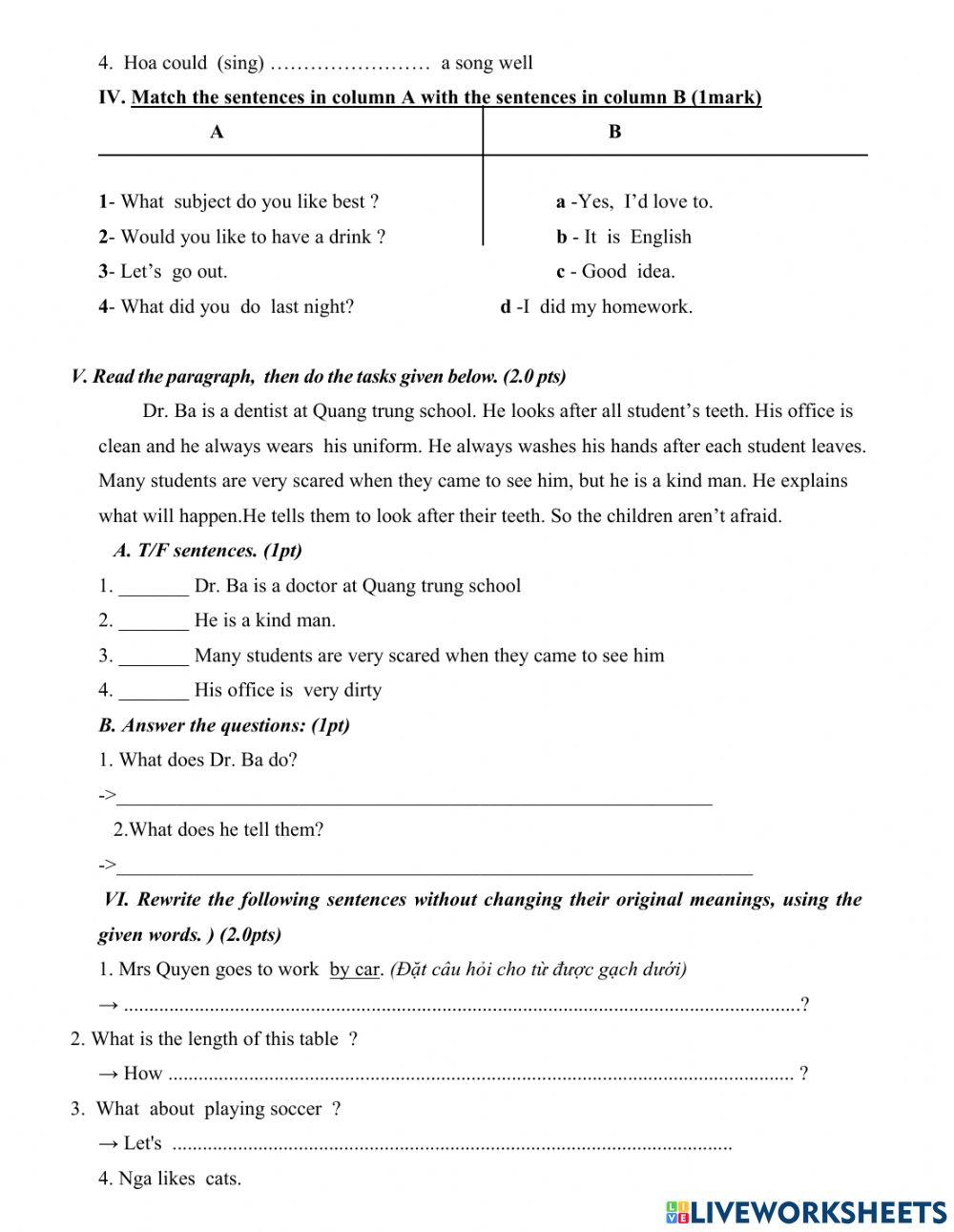 Đề thi khảo sát tiếng anh đầu vào lớp 8