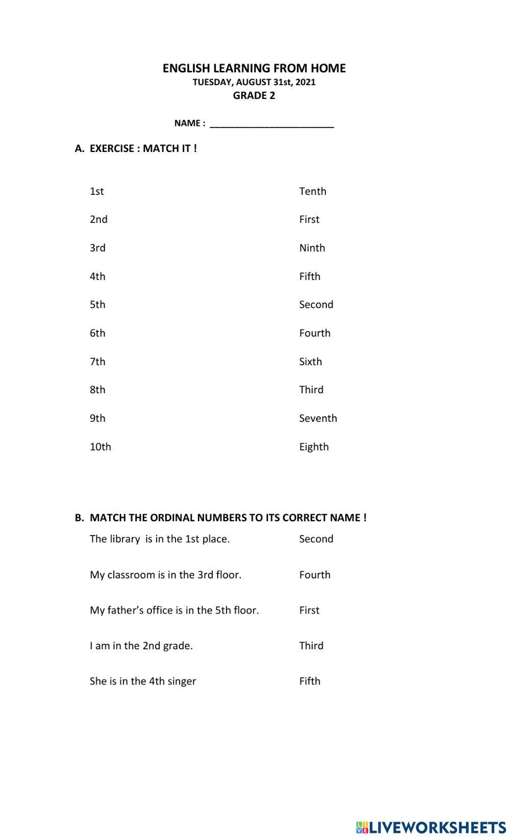 ORDINAL NUMBER GRADE 2 online exercise for | Live Worksheets