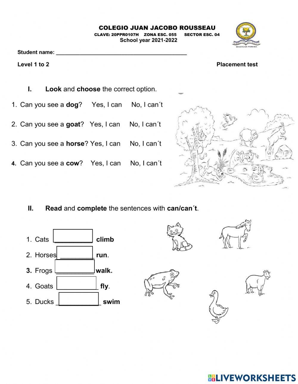 Placement test 1-2 online exercise for | Live Worksheets