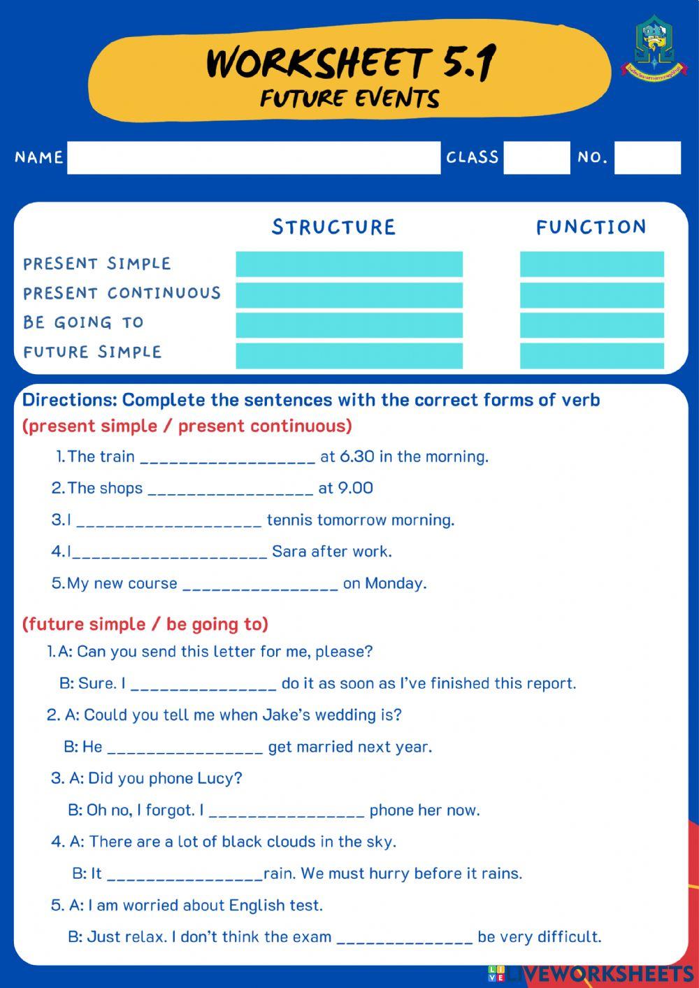 Worksheet 5.1 Future Events