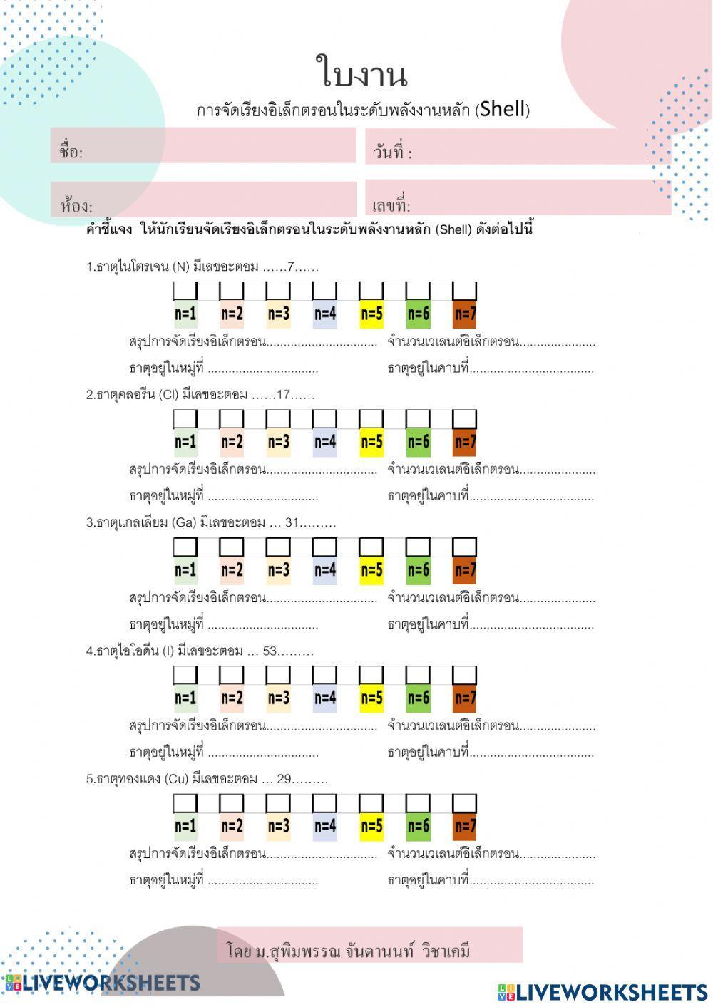 ใบงาน การจัดเรียงอิเล็กตรอนแบบพลังงานหลัก (Shell)