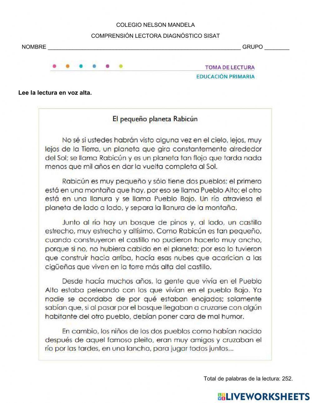 Lectura de compresion sisat cuarto grado