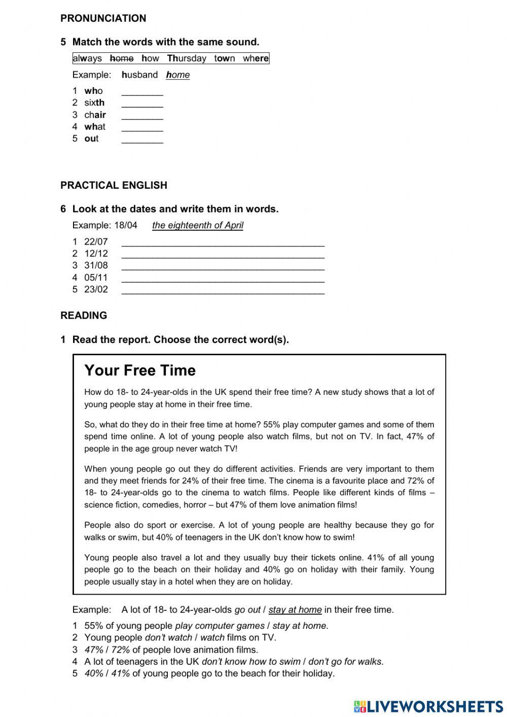 B 7A free time activities, timetable, dates