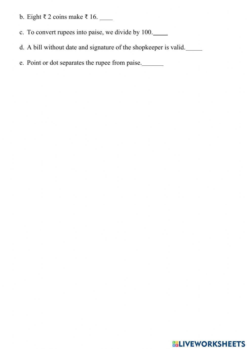 live worksheet of money conversion class3