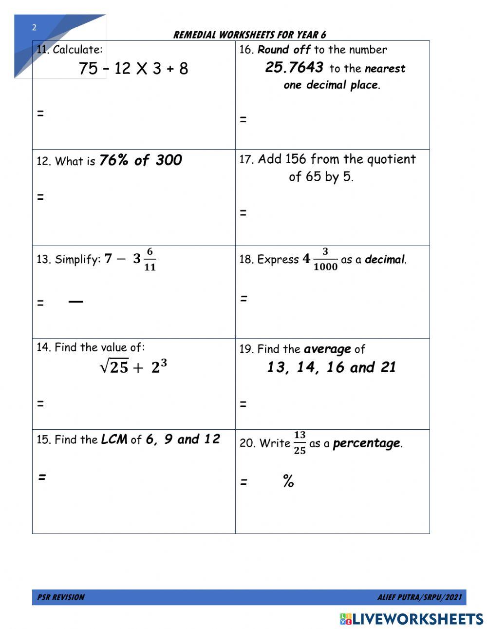 Psr revision 19 worksheet | Live Worksheets