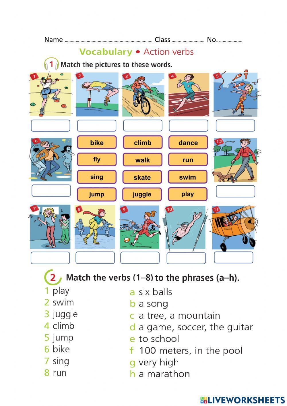 Action verbs online exercise for Live Worksheets