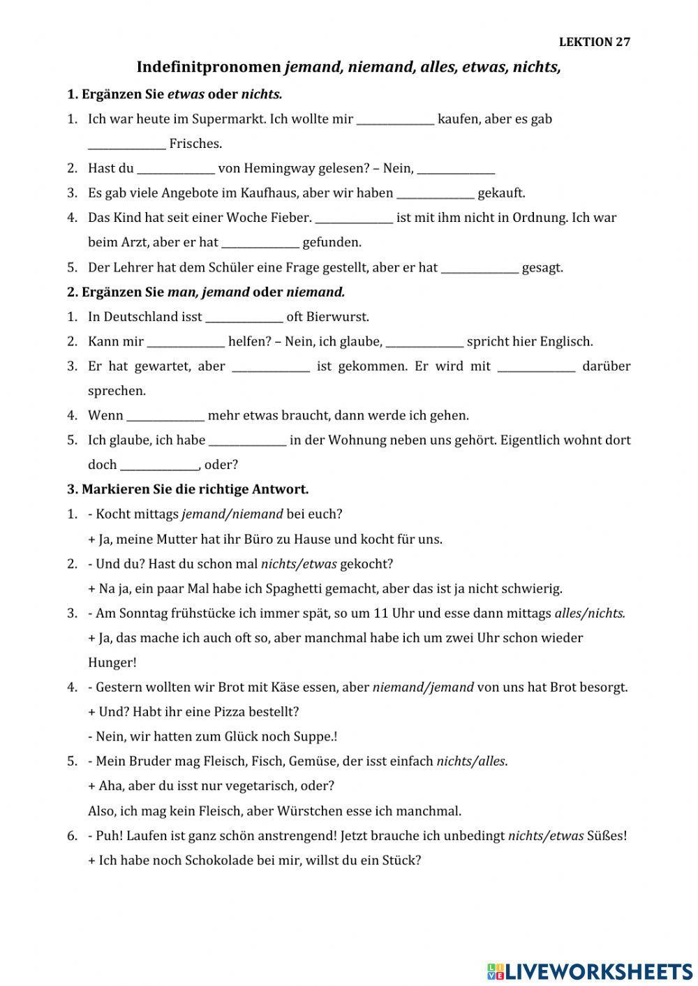 Indefinitpronomen jemand, niemand, alles, etwas, nichts