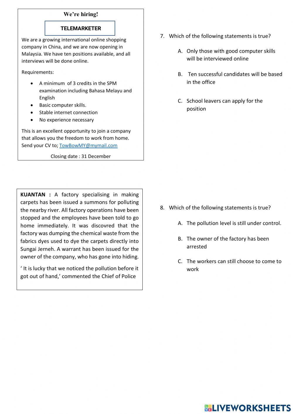 PAPER 1: READING MIDTERM ENGLISH FORM 5