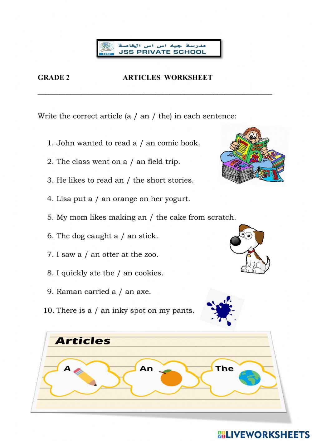 Grade 2 English Articles Worksheet online exercise for