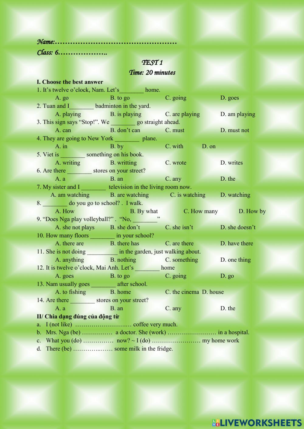 Test for English 6 present tenses