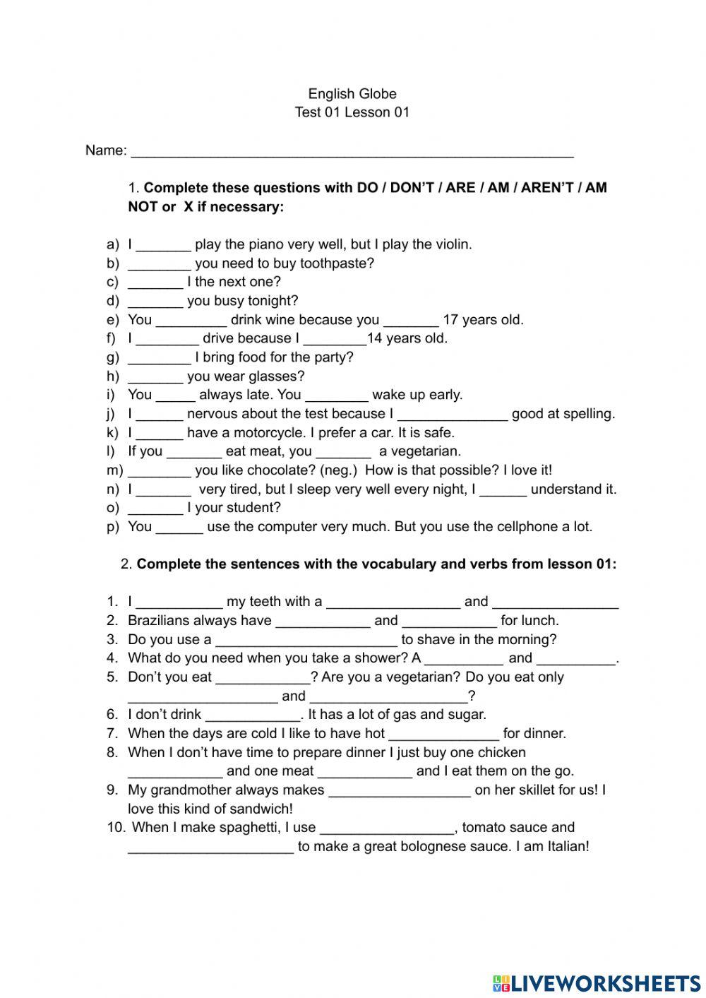 Test Lesson 01 Beginner 01 worksheet | Live Worksheets