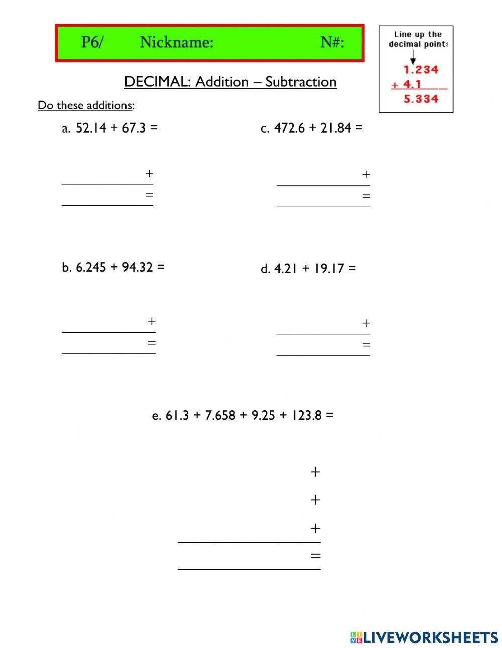 Decimal : Addition - Subtraction
